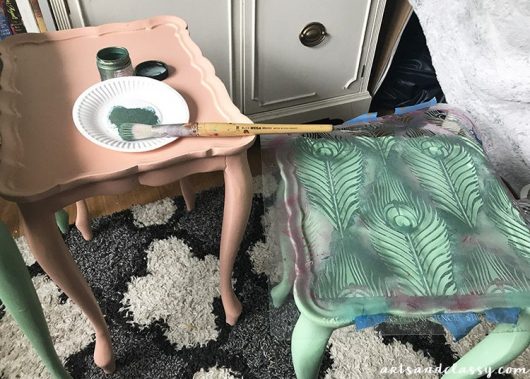 Learn how to stencil a set of nesting table using the Peacock Feather Furniture Stencil from Cutting Edge Stencils. http://www.cuttingedgestencils.com/peacock-feathers-stencil-for-pillow-kit.html
