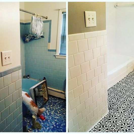 Learn how to stencil a cement bathroom floor using the Augusta Tile Stencil from Cutting Edge Stencils. http://www.cuttingedgestencils.com/augusta-tile-stencil-design-patchwork-tiles-stencils.html