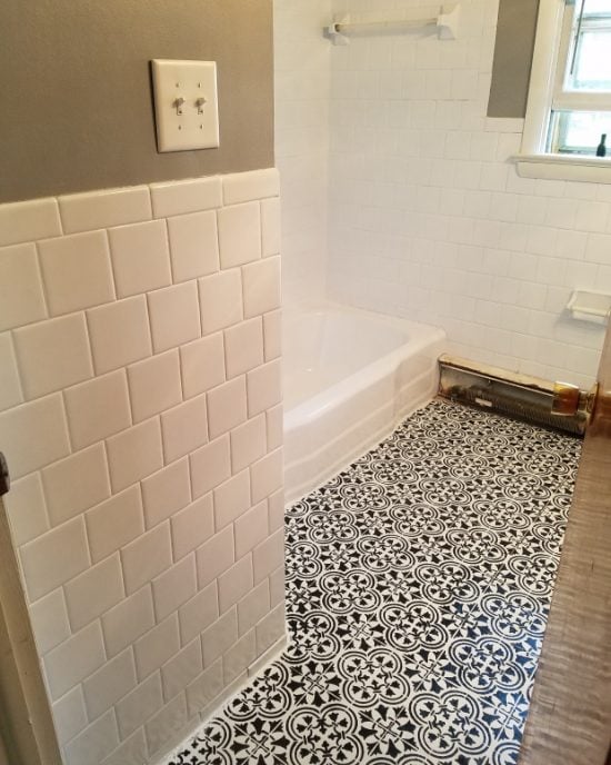 Learn how to stencil a cement bathroom floor using the Augusta Tile Stencil from Cutting Edge Stencils. http://www.cuttingedgestencils.com/augusta-tile-stencil-design-patchwork-tiles-stencils.html