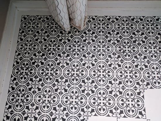 Learn how to stencil a dining room linoleum floor using the Augusta Tile Stencil from Cutting Edge Stencils. http://www.cuttingedgestencils.com/augusta-tile-stencil-design-patchwork-tiles-stencils.html