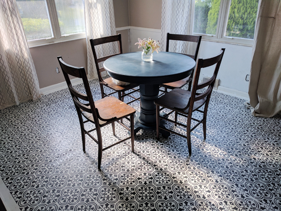 A dining room linoleum floor using the Augusta Tile Stencil from Cutting Edge Stencils. http://www.cuttingedgestencils.com/augusta-tile-stencil-design-patchwork-tiles-stencils.html