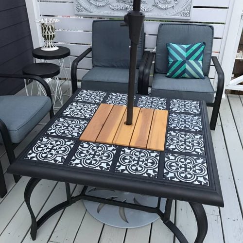 A DIY stenciled outdoor fire pit using the Augusta Tile pattern from Cutting Edge Stencils. http://www.cuttingedgestencils.com/augusta-tile-stencil-design-patchwork-tiles-stencils.html