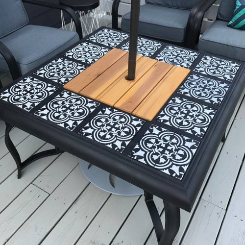 A DIY stenciled outdoor fire pit using the Augusta Tile pattern from Cutting Edge Stencils. http://www.cuttingedgestencils.com/augusta-tile-stencil-design-patchwork-tiles-stencils.html
