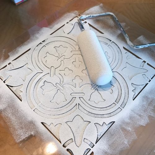 Learn how to stencil the Augusta Tile pattern from Cutting Edge Stencils onto an old outdoor fire pit. http://www.cuttingedgestencils.com/augusta-tile-stencil-design-patchwork-tiles-stencils.html