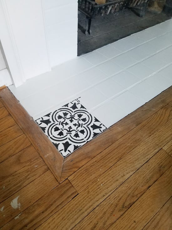 Learn how to stencil a fireplace hearth using the Augusta Tile Stencil from Cutting Edge Stencils. http://www.cuttingedgestencils.com/augusta-tile-stencil-design-patchwork-tiles-stencils.html