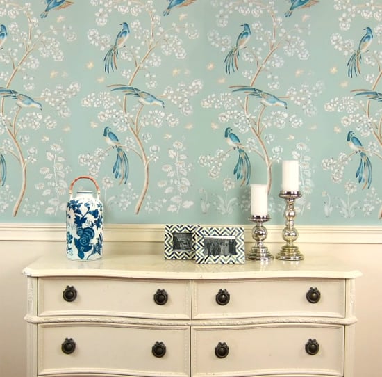 A DIY accent wall with a wallpaper look using the Chinoiserie Birds and Roses Wall Mural Stencil from Cutting Edge Stencils. http://www.cuttingedgestencils.com/chinoiserie-wall-stencil-mural-panel-asian-design.html