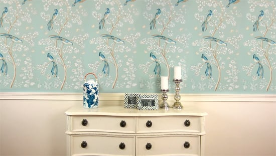 A DIY accent wall with a wallpaper look using the Chinoiserie Birds and Roses Wall Mural Stencil from Cutting Edge Stencils. http://www.cuttingedgestencils.com/chinoiserie-wall-stencil-mural-panel-asian-design.html