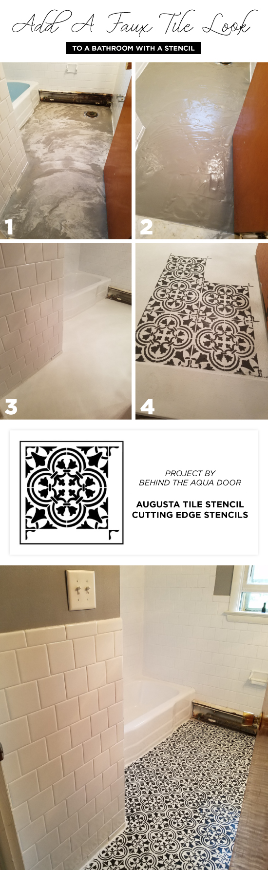 Cutting Edge Stencils shares a DIY stenciled cement bathroom floor makeover using the Augusta Tile Stencil from Cutting Edge Stencils. http://www.cuttingedgestencils.com/augusta-tile-stencil-design-patchwork-tiles-stencils.html