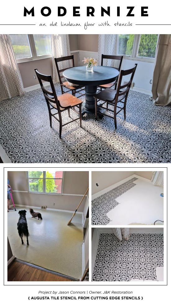 Cutting Edge Stencils shares a DIY stenciled dining room linoleum floor makeover using the Augusta Tile pattern. http://www.cuttingedgestencils.com/augusta-tile-stencil-design-patchwork-tiles-stencils.html