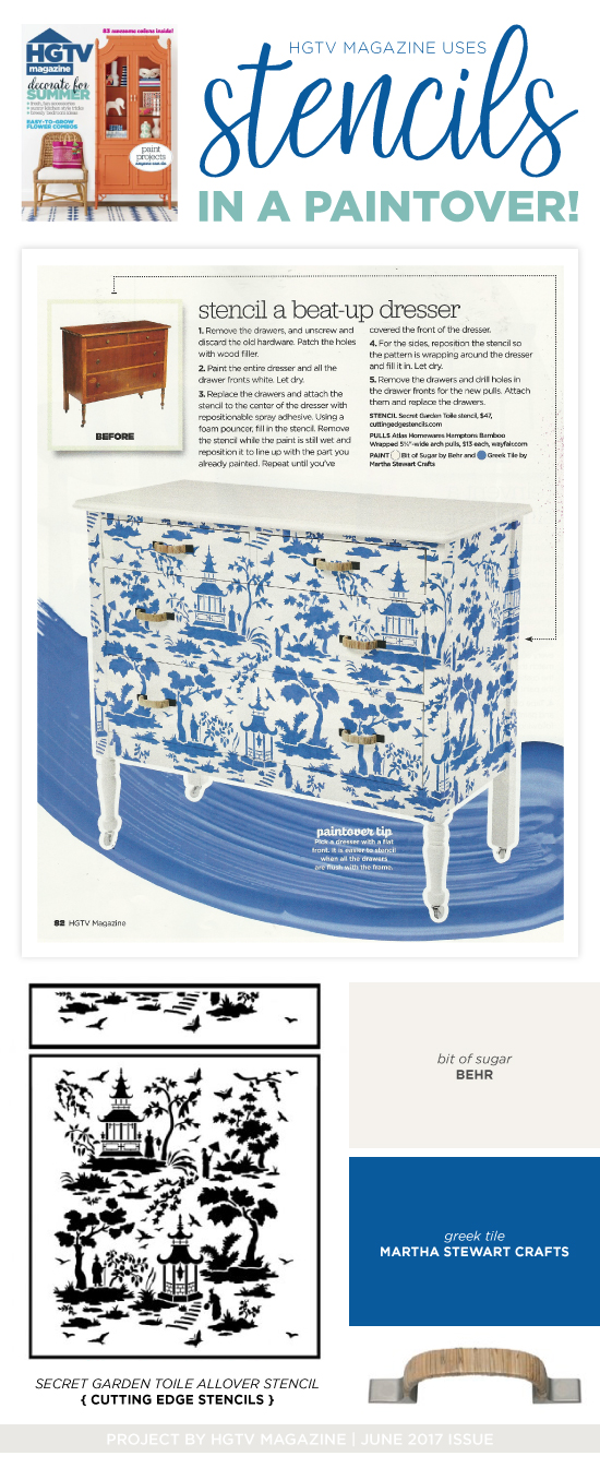 Cutting Edge Stencils was featured in the June 2017 issue of HGTV Magazine on a stenciled furniture project. http://www.cuttingedgestencils.com/garden-toile-stencil-chinoiserie-wallpaper.html