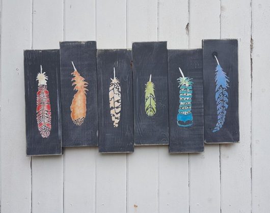 Learn how to craft DIY reclaimed pallet wood wall art using the Feathers Stencil Kit from Cutting Edge Stencils. http://www.cuttingedgestencils.com/feathers-stencil-design-boho-tribal-indian-feather-stencils.html