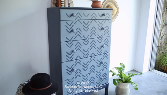 A DIY painted and stenciled dresser makeover using the Kuba Chevron Stencil, designed by Kim Myles, from Cutting Edge Stencils. http://www.cuttingedgestencils.com/kuba-chevron-stencil-kim-myles.html