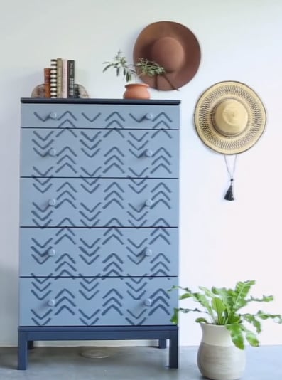 A DIY painted and stenciled dresser makeover using the Kuba Chevron Stencil, designed by Kim Myles, from Cutting Edge Stencils. http://www.cuttingedgestencils.com/kuba-chevron-stencil-kim-myles.html