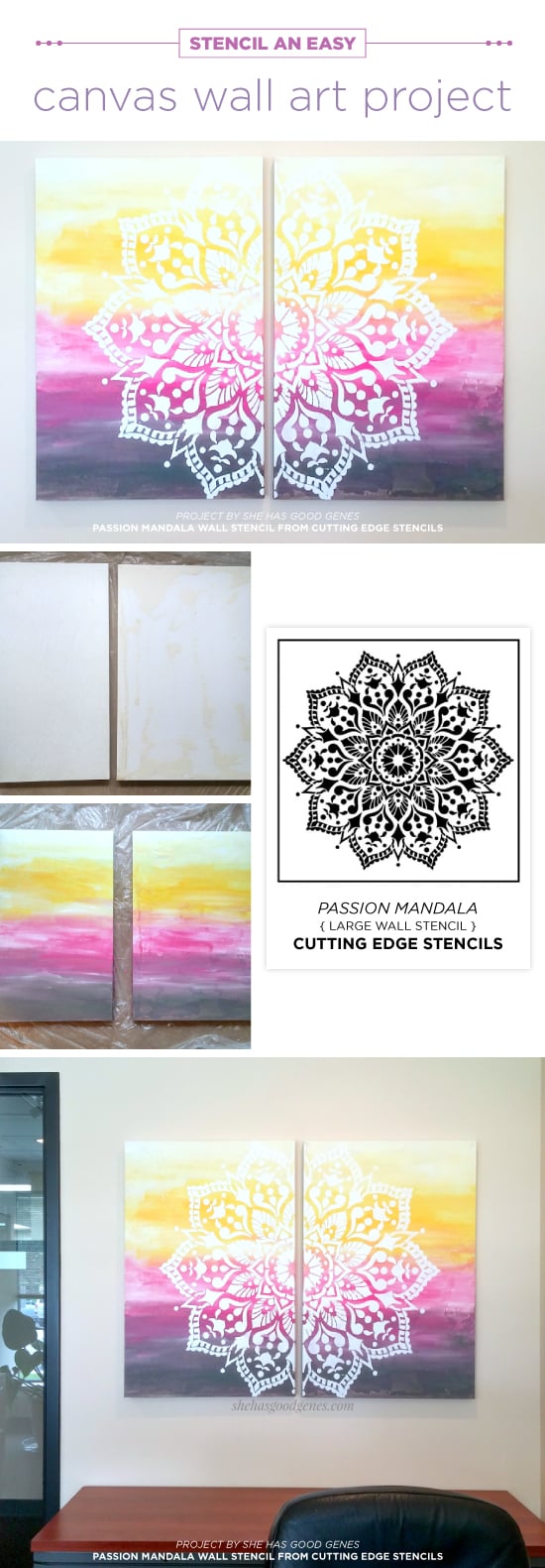 Cutting Edge Stencils shares how to stencil DIY canvas artwork using the Passion Mandala wall pattern. http://www.cuttingedgestencils.com/passion-mandala-stencil-yoga-decal-wall-stencils-mandalas.html