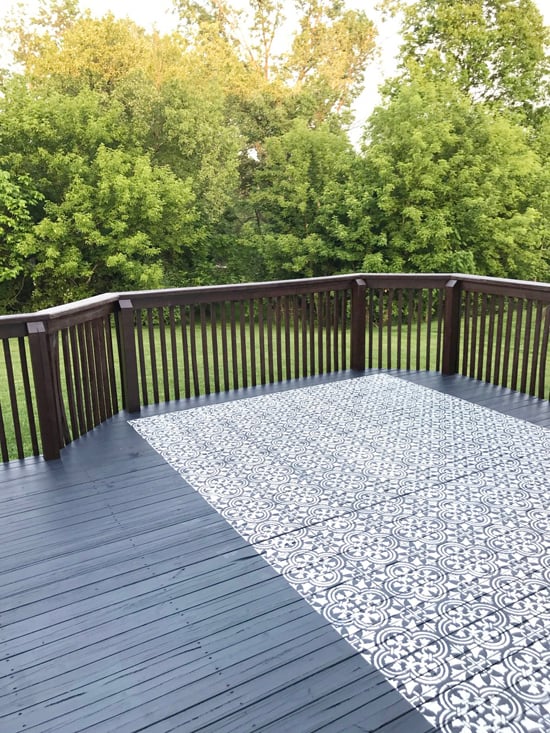 Learn how to stencil a DIY outdoor rug on a deck using the Augusta Tile Stencil pattern from Cutting Edge Stencils. http://www.cuttingedgestencils.com/augusta-tile-stencil-design-patchwork-tiles-stencils.html