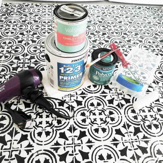 The materials needed to stencil and paint a laundry room floor using the Augusta Tile Stencil from Cutting Edge Stencils. http://www.cuttingedgestencils.com/augusta-tile-stencil-design-patchwork-tiles-stencils.html