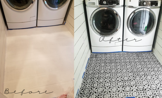 The before and after of a stenciled laundry room floor using the Augusta Tile Stencil from Cutting Edge Stencils. http://www.cuttingedgestencils.com/augusta-tile-stencil-design-patchwork-tiles-stencils.html