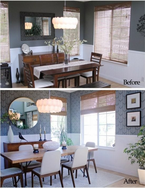 A before and after of a stenciled dining room using the Drifting Arrows Wall Stencil from Cutting Edge Stencils. http://www.cuttingedgestencils.com/drifting-arrows-stencil-pattern-diy-decor.html