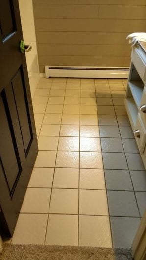 A bathroom before its stenciled floor makeover. http://www.cuttingedgestencils.com/jewel-tile-stencil-cement-tiles-stencils.html