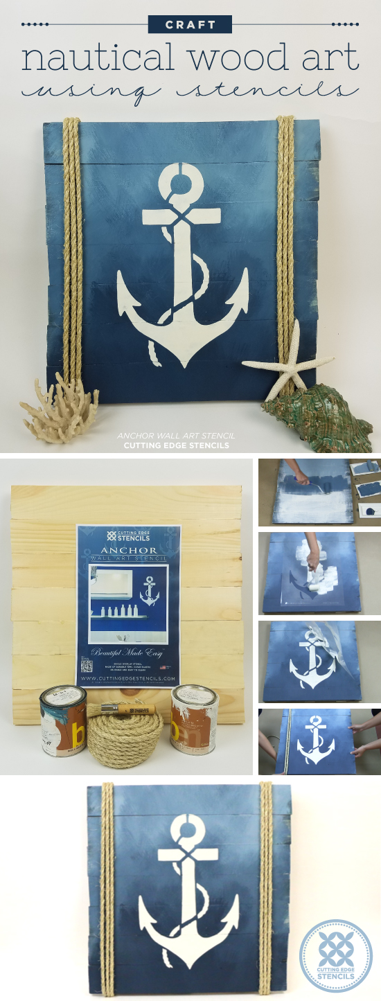 Cutting Edge Stencils shares how to craft DIY Nautical wood art using the Anchor Stencil and ombre blue paint. http://www.cuttingedgestencils.com/anchor-stencil-beach-decor-stencils.html