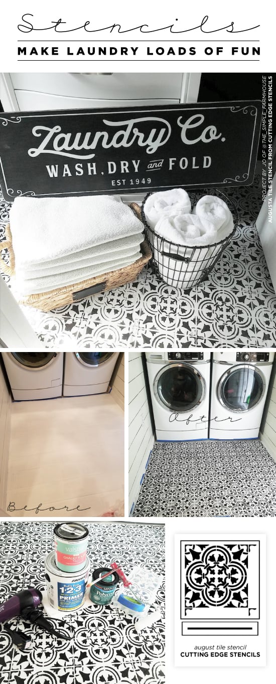 Cutting Edge Stencils shares how to stencil a laundry room floor using the Augusta Tile stencil pattern. http://www.cuttingedgestencils.com/augusta-tile-stencil-design-patchwork-tiles-stencils.html