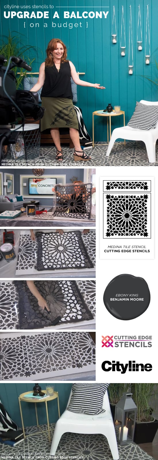 Sharon Grech from Cityline shares how to use the Medina Moroccan Tile Stencil from Cutting Edge Stencils in a budget friendly concrete balcony makeover. http://www.cuttingedgestencils.com/medina-moroccan-design-tile-stencil-wall-stencils.html