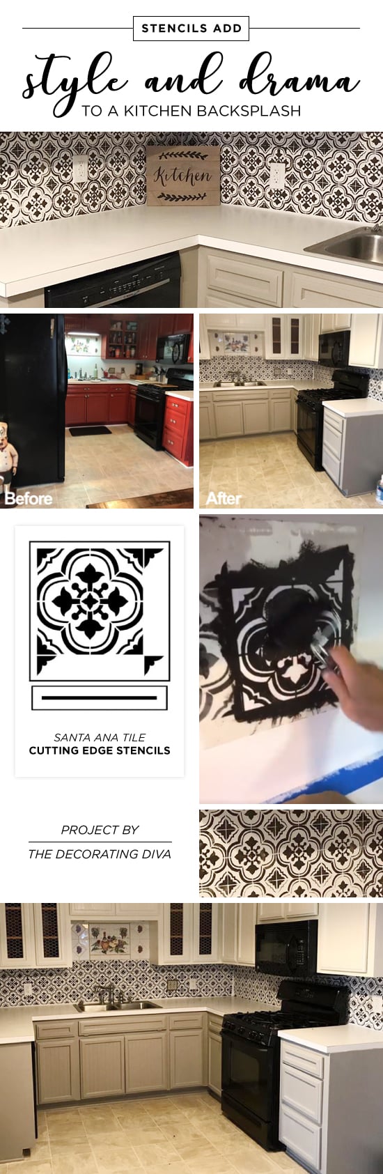 Cutting Edge Stencils shares a kitchen makeover with a faux tile backsplash using the Santa Ana Tile pattern. http://www.cuttingedgestencils.com/santa-ana-tile-stencil-spanish-tiles-cement-tile-patterns.html