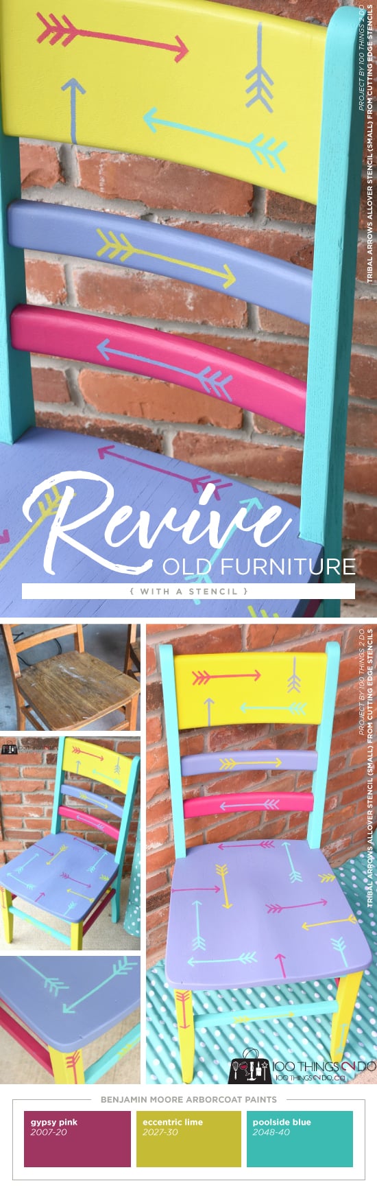 Cutting Edge Stencils shares how to makeover a wooden chair using Arborcoat in vibrant colors and the Tribal Arrows Furniture Stencil. http://www.cuttingedgestencils.com/tribal-arrow-pattern-stencils-wall-decor.html