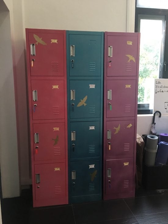 The lockers are decorated with the free stencil that comes with purchase from Cutting Edge Stencils. http://www.cuttingedgestencils.com/wall-stencils.html