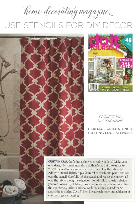 DIY Magazine uses the Tuscan Trellis Wall Stencil to craft stenciled curtains out of a drop cloth. http://www.cuttingedgestencils.com/tuscan-trellis-allover-stencil.html
