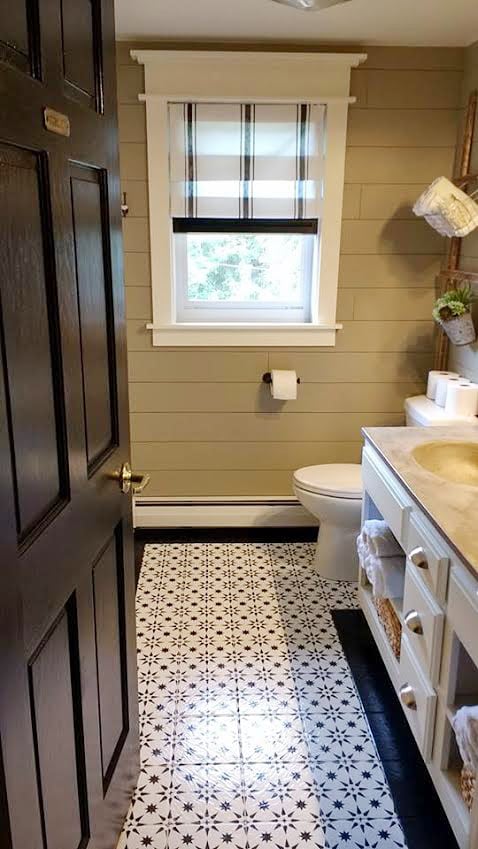 Learn how to stencil an old ceramic tile bathroom floor using the Jewel Tile Stencil from Cutting Edge Stencils. http://www.cuttingedgestencils.com/jewel-tile-stencil-cement-tiles-stencils.html