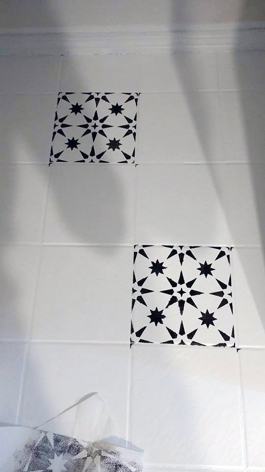 Learn how to stencil an old ceramic tile bathroom floor using the Jewel Tile Stencil from Cutting Edge Stencils. http://www.cuttingedgestencils.com/jewel-tile-stencil-cement-tiles-stencils.html