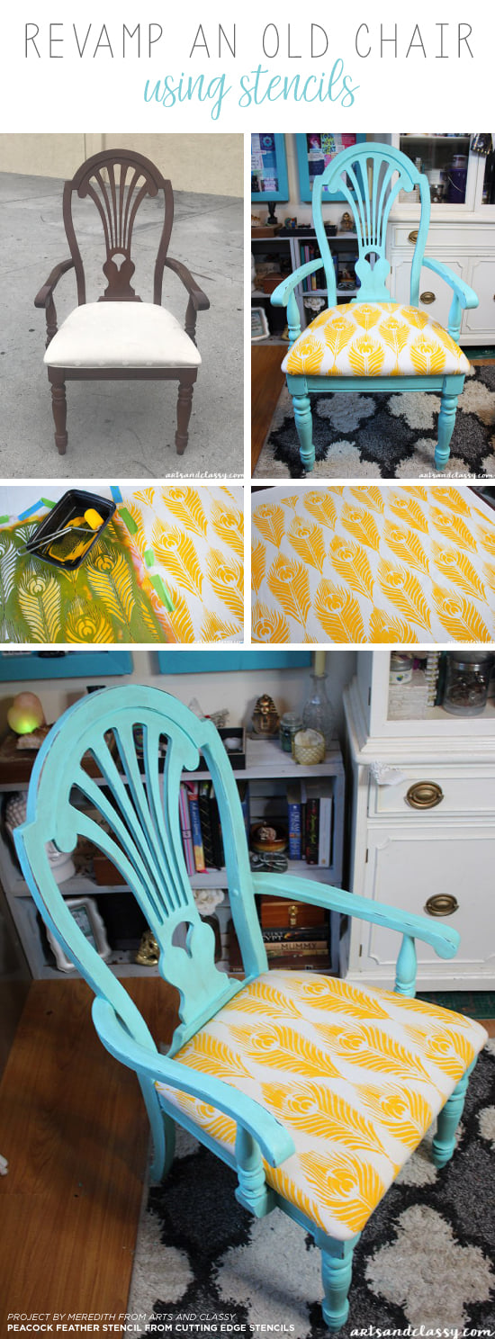 Cutting Edge Stencils shares how to stencil fabric for a wooden chair makeover using the Peacock Feather Furniture Stencil. http://www.cuttingedgestencils.com/peacock-feathers-stencil-for-pillow-kit.html