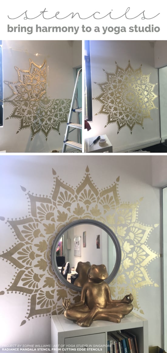Cutting Edge Stencils shares how a yoga studio added stylish harmony to an accent wall using the Radiance Mandala Stencil in gold. http://www.cuttingedgestencils.com/radiance-mandala-stencil-yoga-mandala-stencils-decal.html