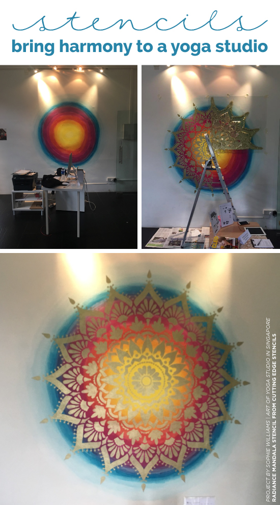 Cutting Edge Stencils shares how a yoga studio added stylish harmony to an accent wall using the Radiance Mandala Stencil in gold over Unicorn Spit gel stain. http://www.cuttingedgestencils.com/radiance-mandala-stencil-yoga-mandala-stencils-decal.html