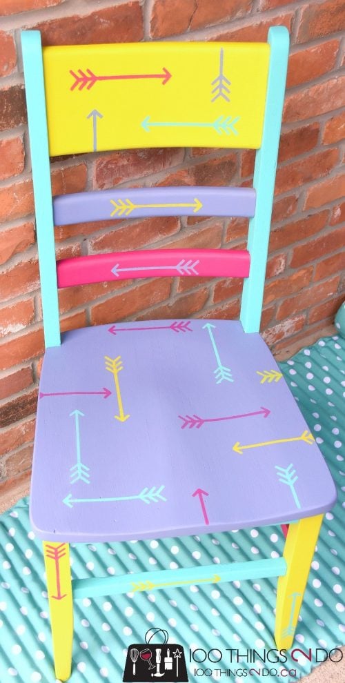 A DIY stenciled wooden chair using the Tribal Arrows furniture stencil from Cutting Edge Stencils. http://www.cuttingedgestencils.com/tribal-arrow-pattern-stencils-wall-decor.html