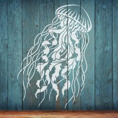 The Large Jelly Fish Stencil from Cutting Edge Stencils. http://www.cuttingedgestencils.com/large-jelly-fish-stencil-nautical-wall-stencils-wall-art.html