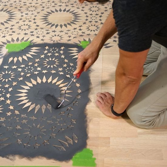 Learn how Weaber Lumber stenciled a hardwood floor using the Ambrosia Moroccan Tile Stencil from Cutting Edge Stencils. http://www.cuttingedgestencils.com/moroccan-tile-pattern-stencil-design.html