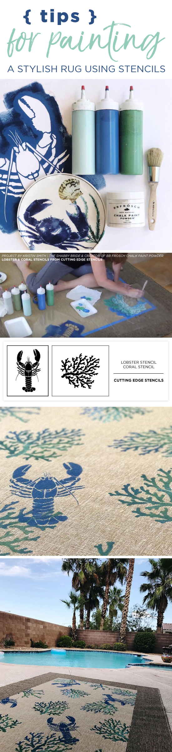 Cutting Edge Stencils shares a DIY Ikea rug makeover using Nautical Stencils including the lobster and coral pattern. http://www.cuttingedgestencils.com/beach-decor-stencils-designs-nautical.html