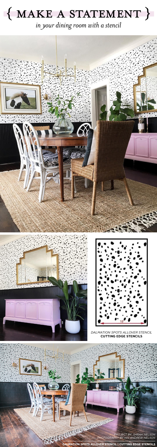 Cutting Edge Stencils shares a dining room that used stencils to achieve a wallpaper look. http://www.cuttingedgestencils.com/dalmatian-spots-stencil-dots-wallpaper-pattern.html