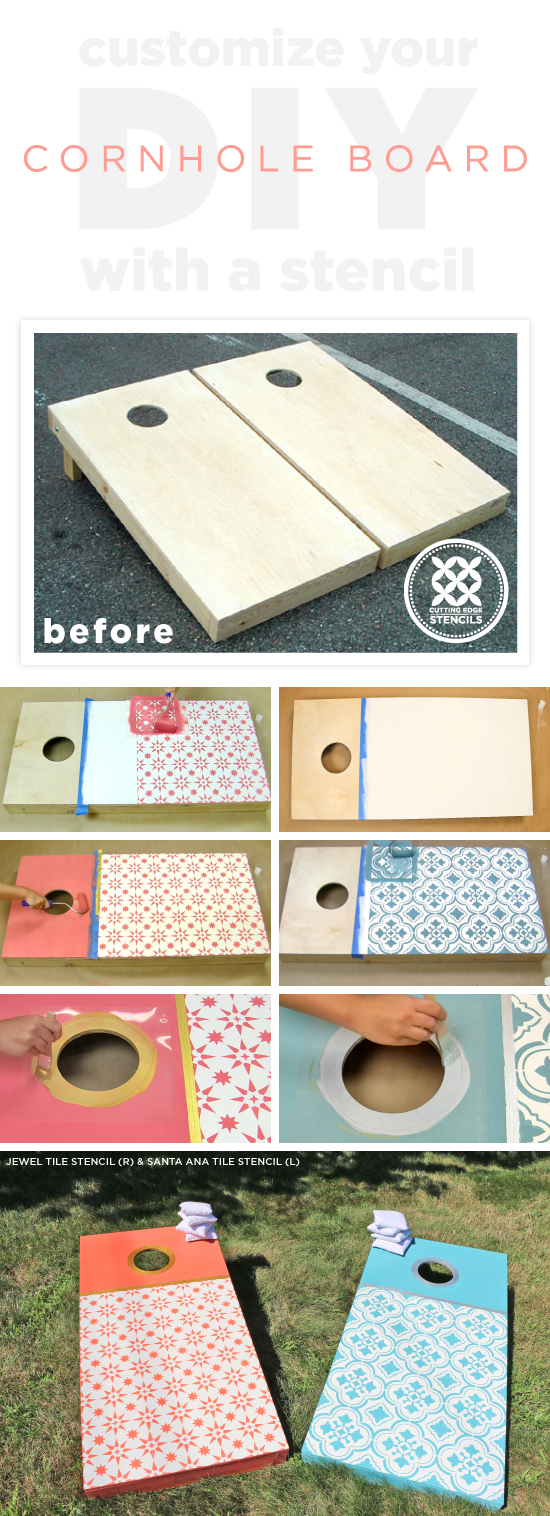 Cutting Edge Stencils shares a how to customize DIY wooden cornhole boards with tile stencil patterns. http://www.cuttingedgestencils.com/tile-stencils-cement-tile-stencil-designs-floor-tiles.html