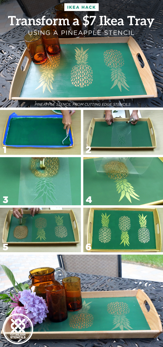 Cutting Edge Stencils shares how to enhance a $7 wooden serving tray from Ikea using the Pineapple Stencil. http://www.cuttingedgestencils.com/pineapple-stencil-design-wall-stencils.html