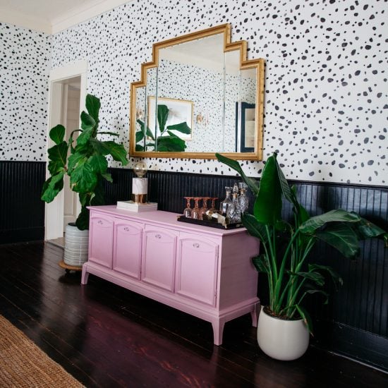 leopard-spot-wall-stencil-diy-stenciled-dining-room-wallpaper-pink-hutch