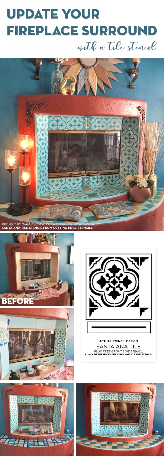 Cutting Edge Stencils shares how to stencil a fireplace surround using the Santa Ana Tile Stencil. http://www.cuttingedgestencils.com/santa-ana-tile-stencil-spanish-tiles-cement-tile-patterns.html