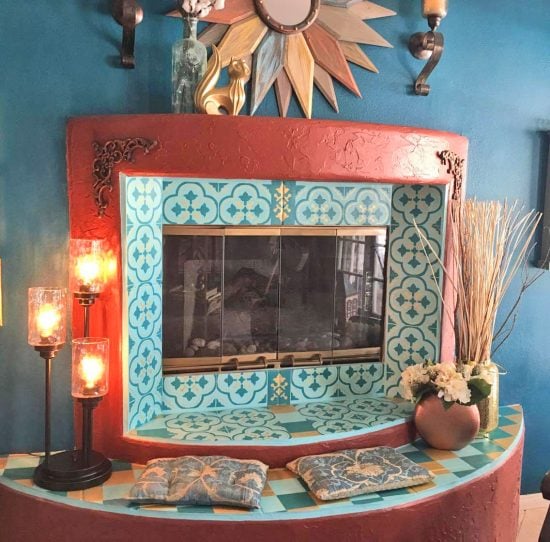 Learn how to stencil a fireplace surround using the Santa Ana Tile Stencil from Cutting Edge Stencils. http://www.cuttingedgestencils.com/santa-ana-tile-stencil-spanish-tiles-cement-tile-patterns.html