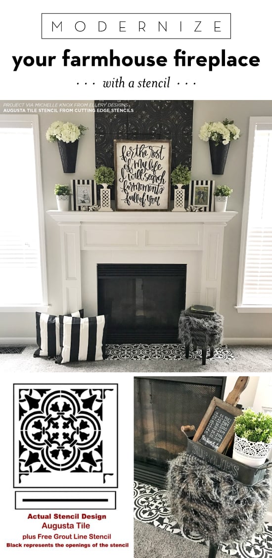 Cutting Edge Stencils shares how to update a farmhouse fireplace using the Augusta Tile Stencil. http://www.cuttingedgestencils.com/augusta-tile-stencil-design-patchwork-tiles-stencils.html