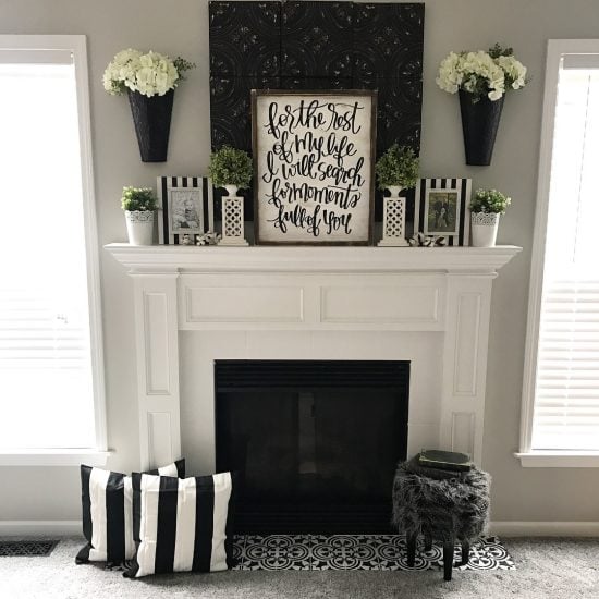 Learn how to modernize a farmhouse fireplace with paint and the Augusta Tile Stencil from Cutting Edge Stencils. http://www.cuttingedgestencils.com/augusta-tile-stencil-design-patchwork-tiles-stencils.html