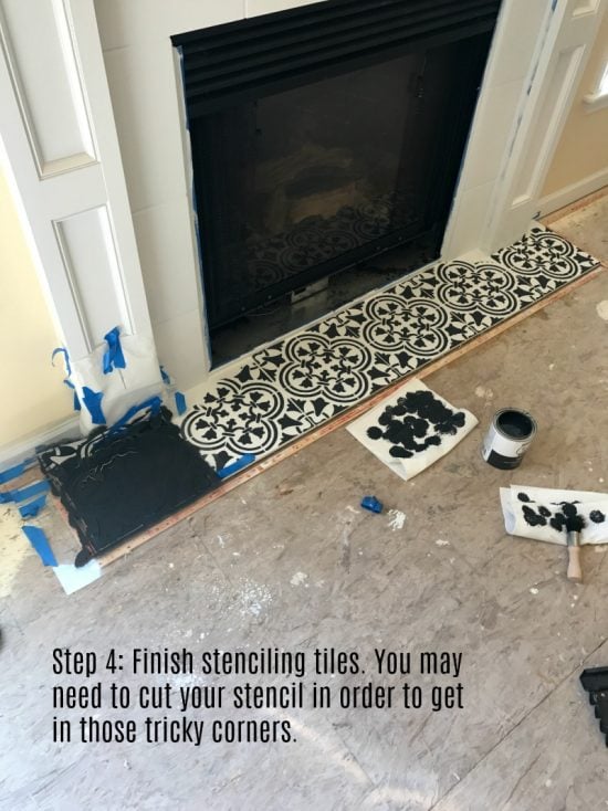 Learn how to modernize a farmhouse fireplace with paint and the Augusta Tile Stencil from Cutting Edge Stencils. http://www.cuttingedgestencils.com/augusta-tile-stencil-design-patchwork-tiles-stencils.html