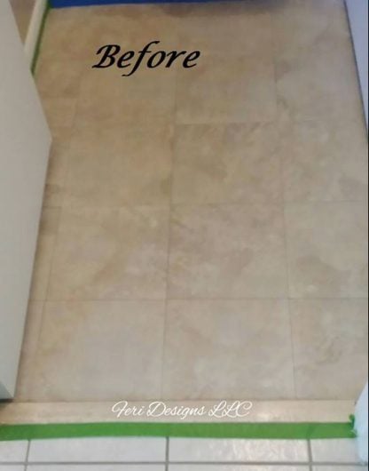 A tiled laundry room floor before its stenciled makeover. http://www.cuttingedgestencils.com/santa-ana-tile-stencil-spanish-tiles-cement-tile-patterns.html