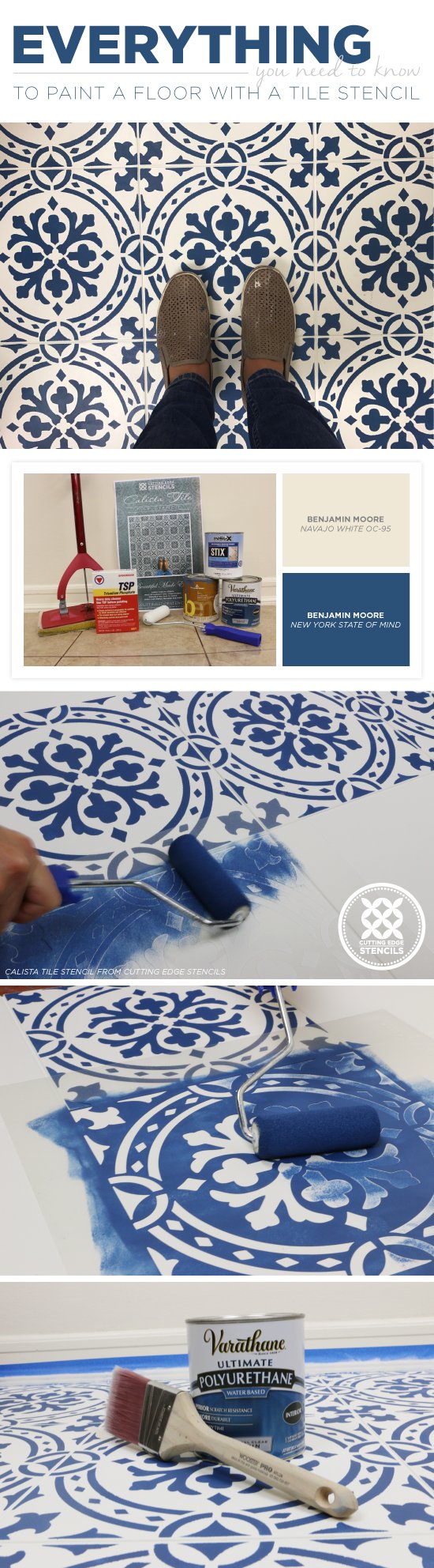 Cutting Edge Stencils shares everything you need to know to paint and stencil a floor using the Calista Tile Stencil from Cutting Edge Stencils. http://www.cuttingedgestencils.com/calista-tile-stencil-backsplash-cement-tiles-stencils.html